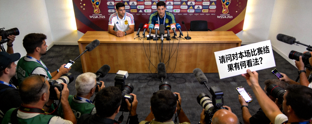 世界杯新闻发布厅内记者采访球员场景